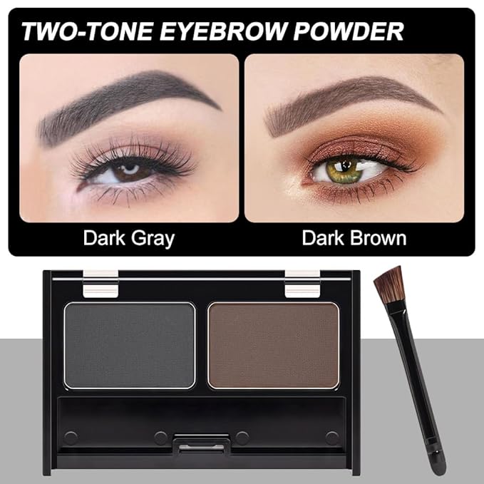 Eye Brow Powder for Women, Medium Brown Eyebrow Powder Kit with Double-ended Eyebrow Brush, Long-Lasting Waterproof Two Colors, Purse-Friendly Compact, Cruelty Free (Dark Brown+Dark Grey)