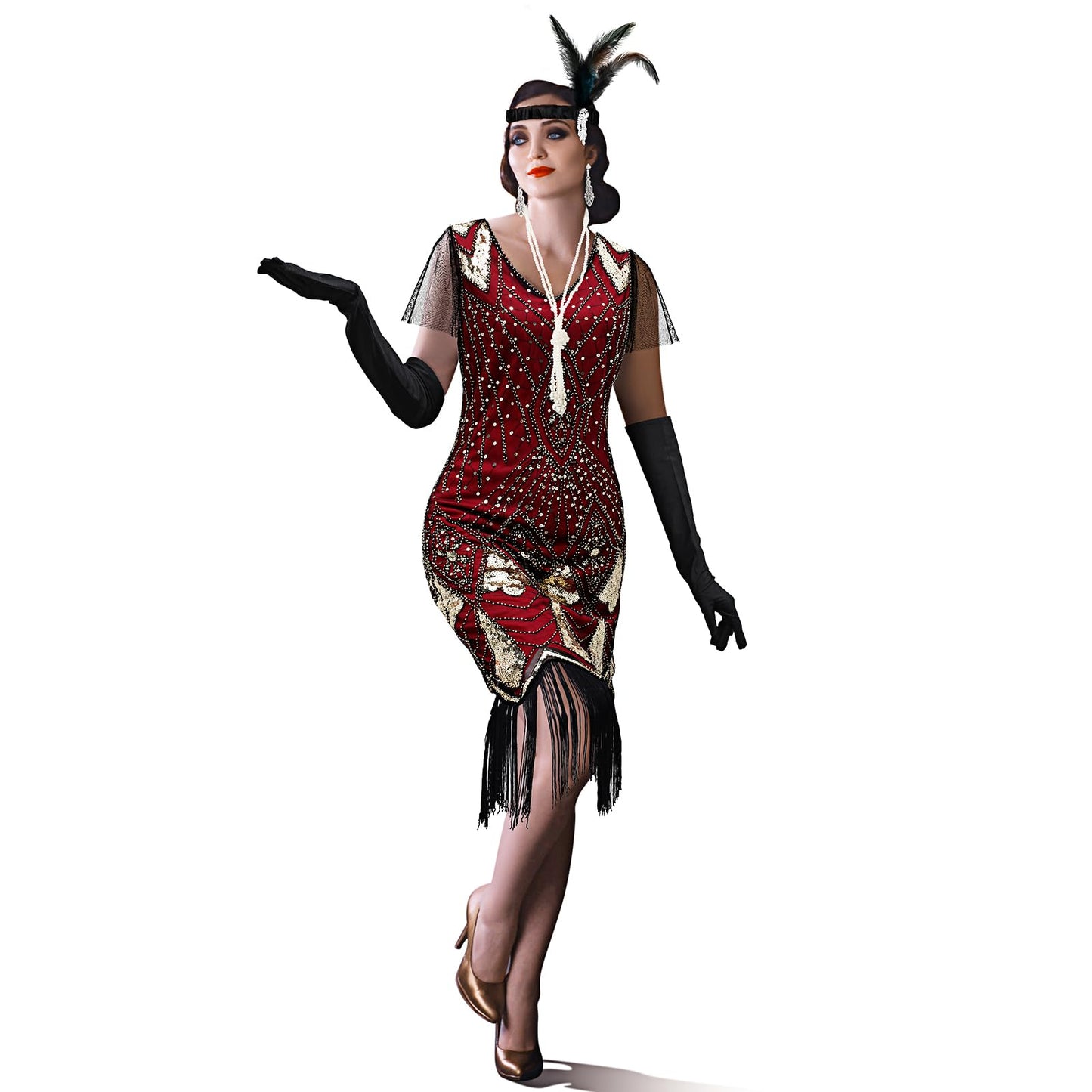 Tisancy 6 Pcs 1920s Flapper Costume Women Dress Roaring 20s Outfit Accessories Set Headwear Earring Necklace Gloves Stick(Small)