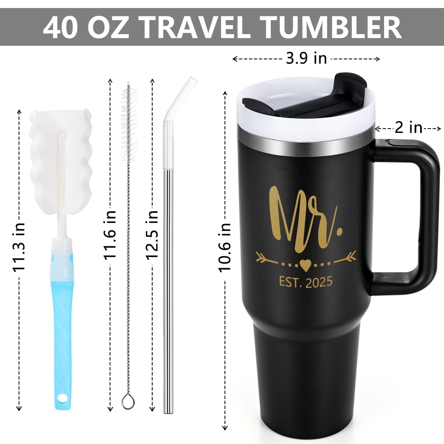 Qtencas Mr and Mrs Gifts, Mr and Mrs EST 2025 Stainless Steel Travel Tumblers Set, 40 oz 2025 Travel Mug for Couples Newlyweds, Engagement Wedding Gifts, Bridal Shower Anniversary Cups（Black & Beige）