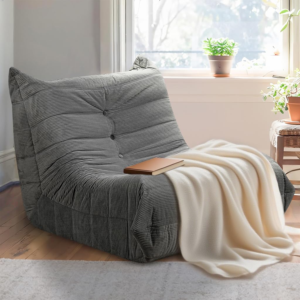 Hsundries Bean Bag Chairs for Adults, Memory Foam Couch Sofa Chair,One-Piece Foam Padding,Cozy Corduroy Material Bean Bag Chair,Bean Bag Sofa for Reading in Bedroom Living Room and Dorms，Gray