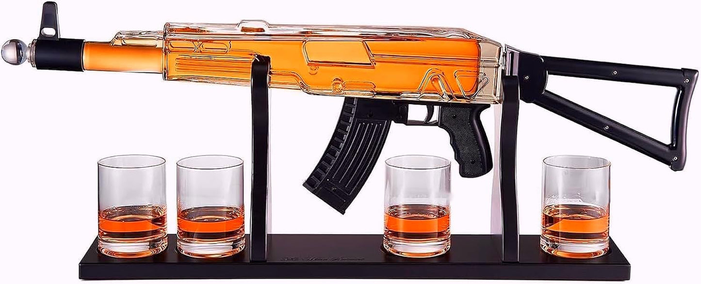 Gifts for Men Dad, AK Whiskey Decanter Set for Men - Gun Decanter, Detachable Magazine & 4 Bullet Shot Glasses, Liquor Dispenser Bar, Cool Anniversary Birthday Military Drinking Present Gift Ideas