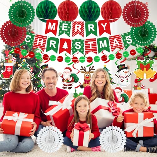 25pcs Christmas Party Decorations Merry Christmas Banner Paper Fan Garlands String Circle Dot Honeycomb Ball Swirl Streame...