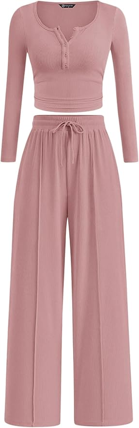 PRETTYGARDEN Women's 2026 Fall Trendy 2 Piece Outfits Lounge Sets Long Sleeve Top Henley Shirts Wide Leg Pants Travel Clothes