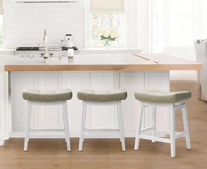RNKSFX Counter Height Bar Stools Set of 2 for Kitchen Counter Farmhouse Modern Barstools with Faux Leather Upholstered Backless Seat and Solid Wood Legs 24 inch Bar Chairs, Light Grey + White