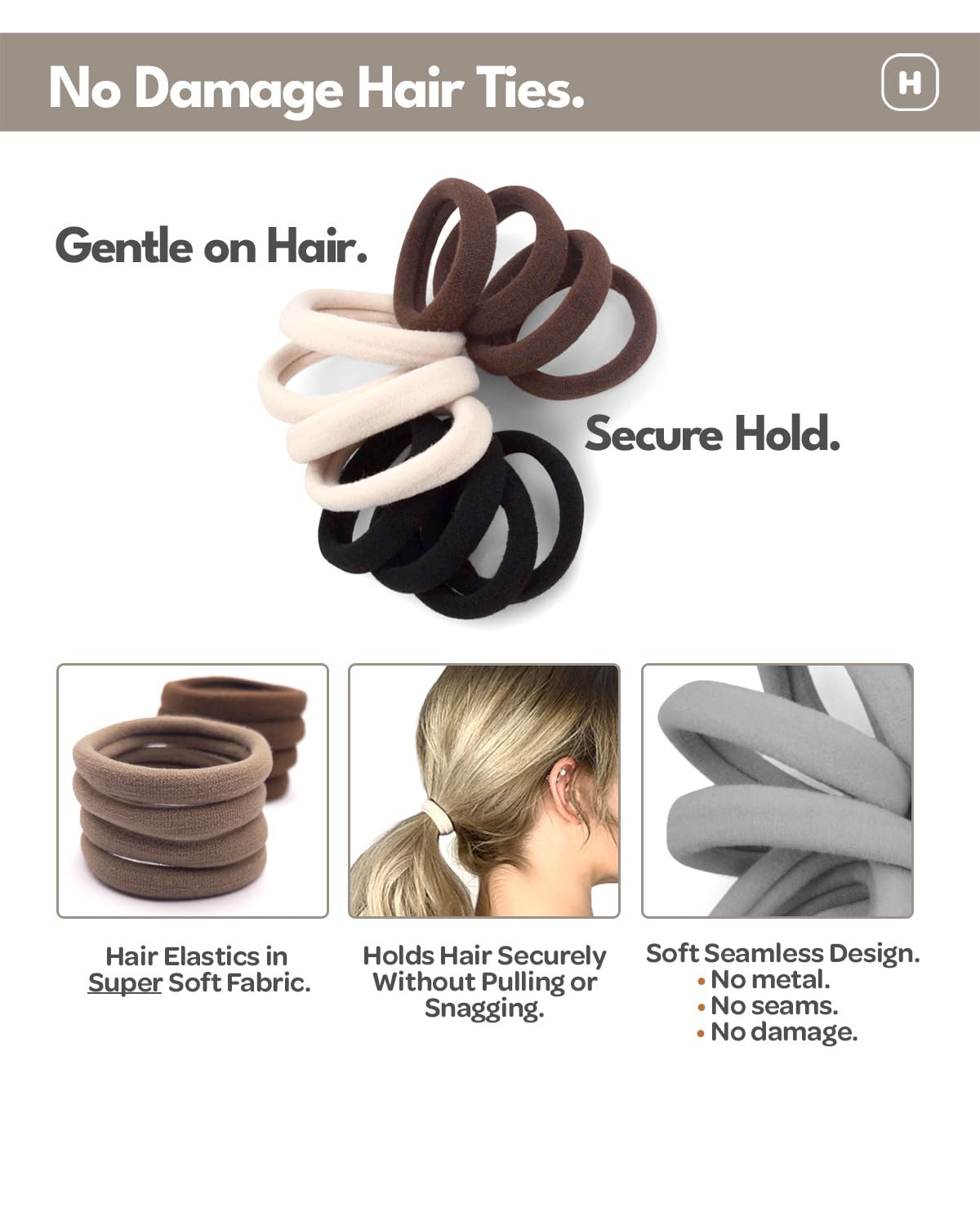 Cyndibands Seamless Hair Ties - Light Brown - Gentle Hair Ties No Damage, Standard Size 1.5 Inch, Soft and Stretchy Nylon Fabric