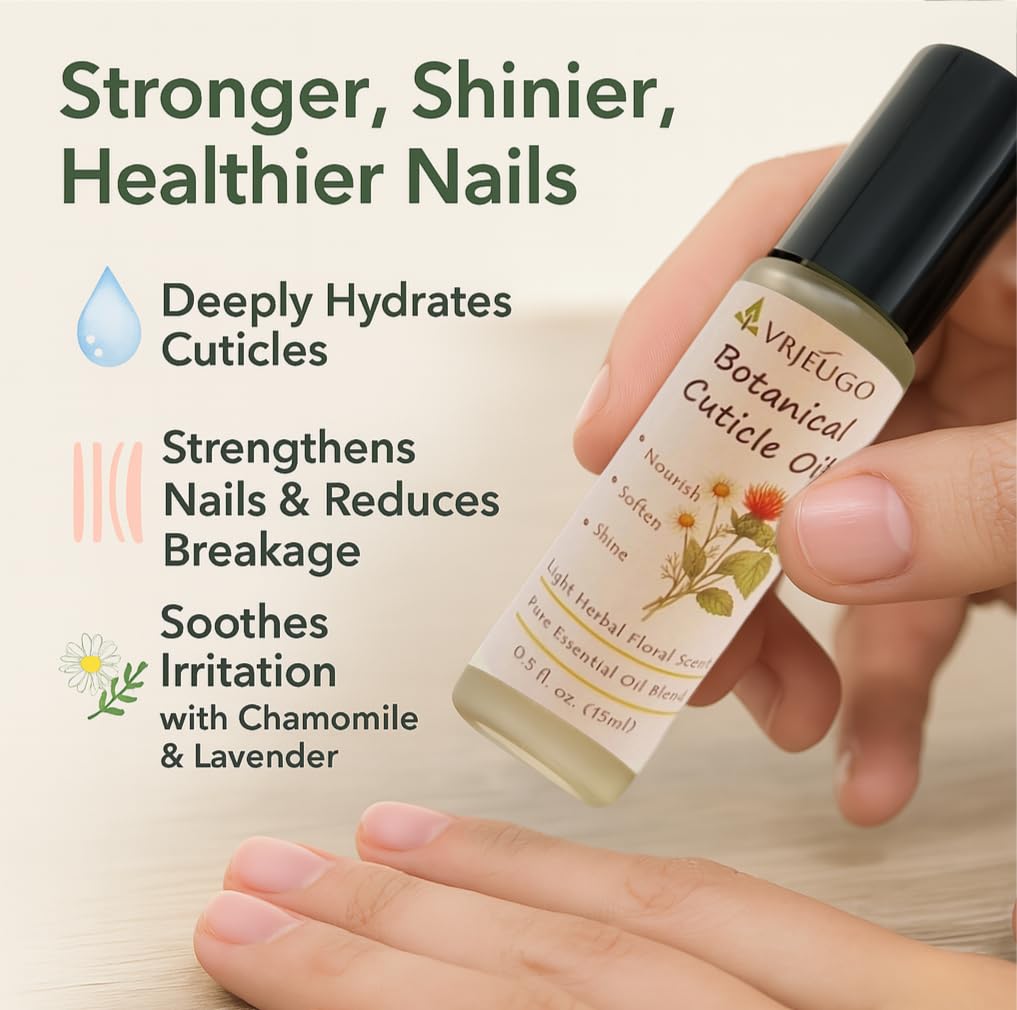 VRJEUGO Cuticle Oil Roll-On for Nails & Cuticles - 100% Natural Nourishing Formula with Chamomile, Lavender & Lemon Balm - Moist