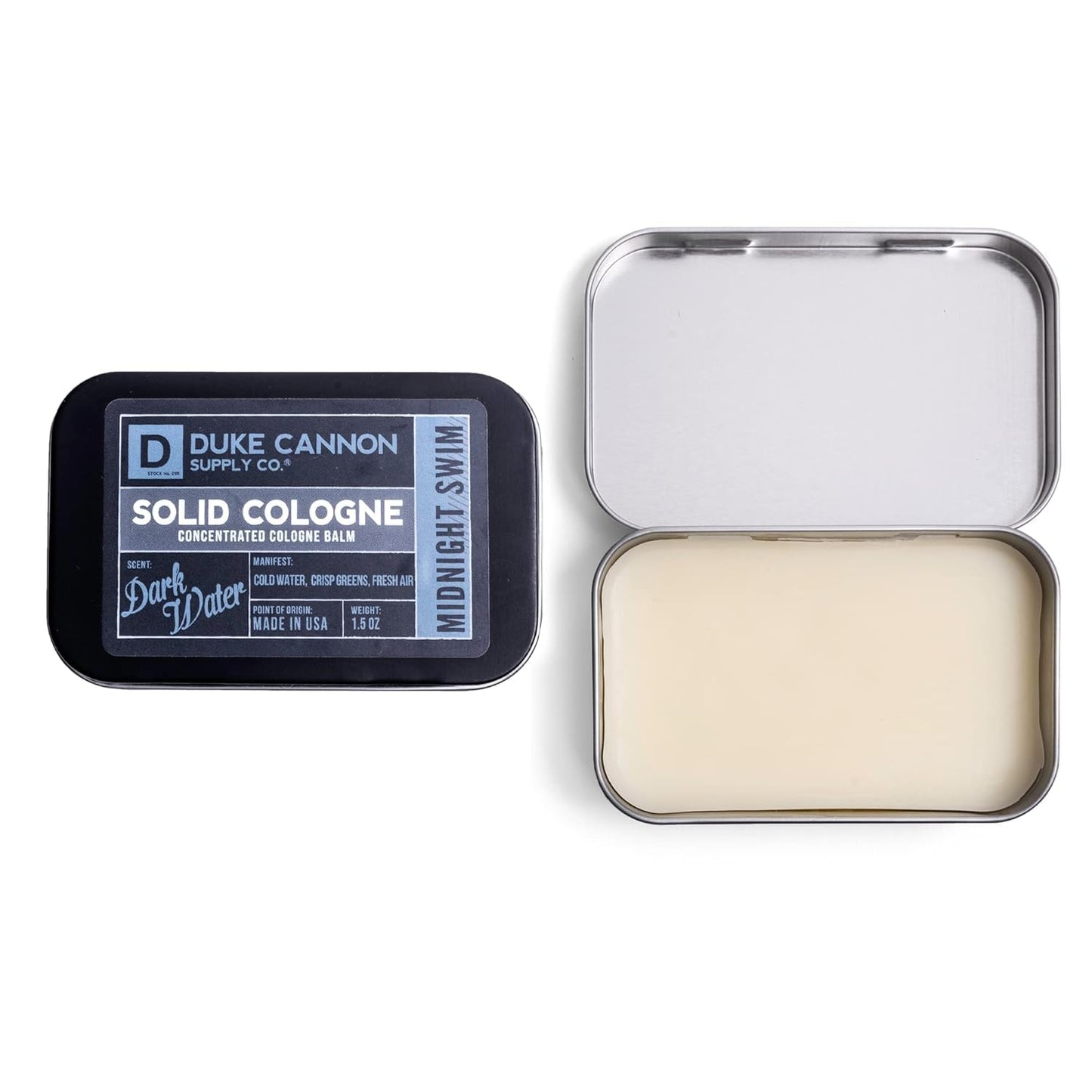 Duke Cannon Supply Co. Solid Cologne for Men Midnight Swim - Cold Water, Crisp Greens, Fresh Air - Concentrated Balm, Travel-Fri