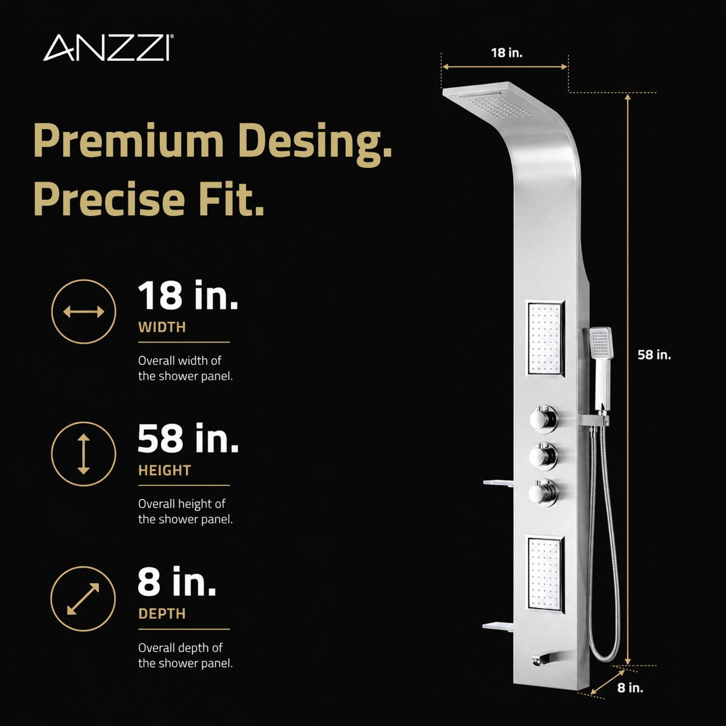 ANZZI Shower Panel Tower, Field 58 inch Long Turbo High Pressure Shower Head and Detachable Handheld Spray Rainfall Shower Panel in Brushed Steel, Rain Shower 1.8 gpm 2 Body Jets Combo (SP-AZ042)