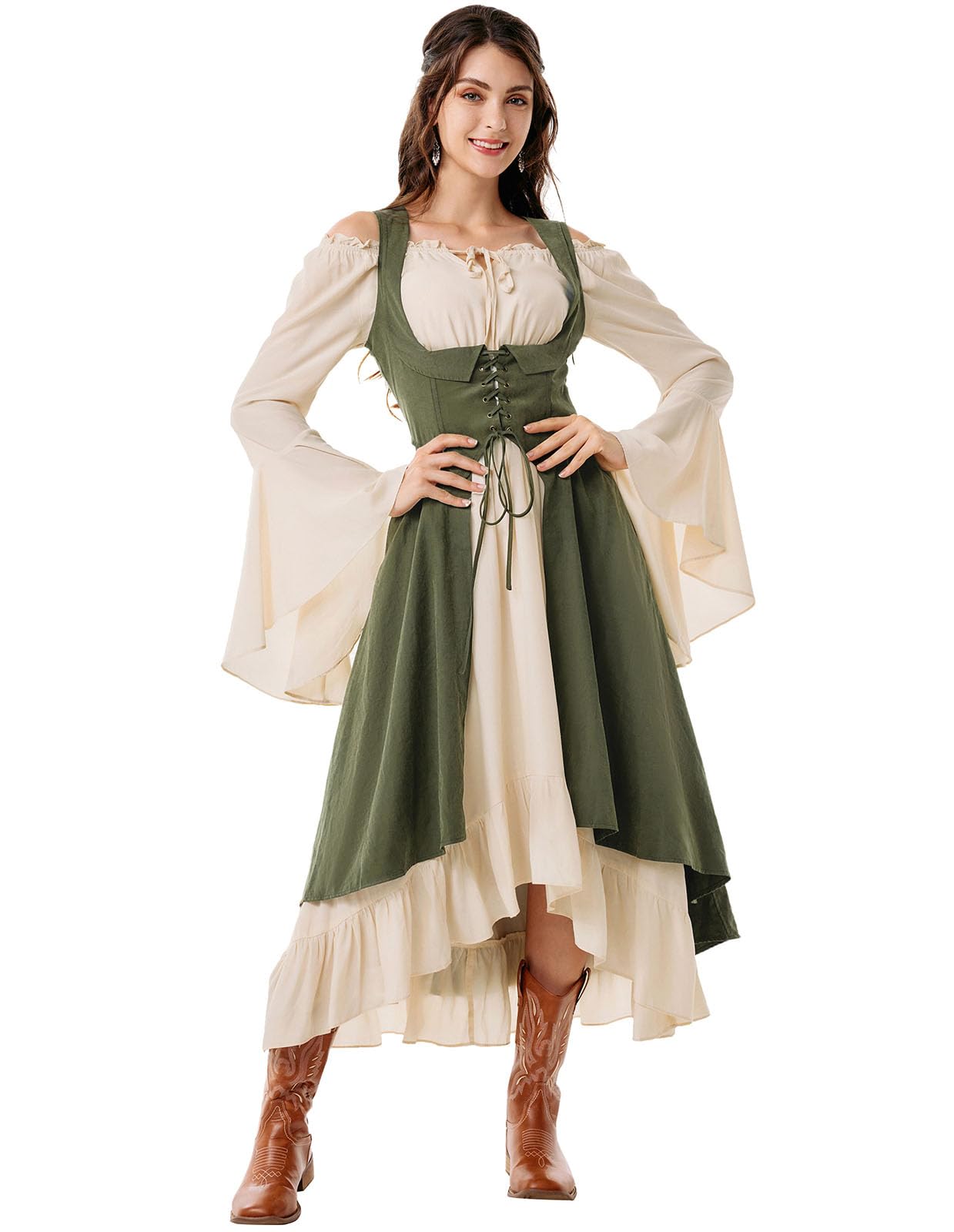 Scarlet Darkness Women Renaissance Costume Pirate Overdress Medieval Underbust Dress Army Green XXL