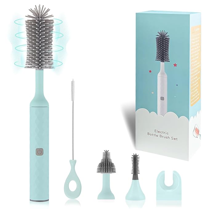Electric Bottle Brush, 4 Piece Bottle Brush Set with Baby Bottle Brush Cleaner, Nipple Brush, Pacifier Cleaner, Straw Cleaner Brush, Gifts for Newborns and Mothers, Blue