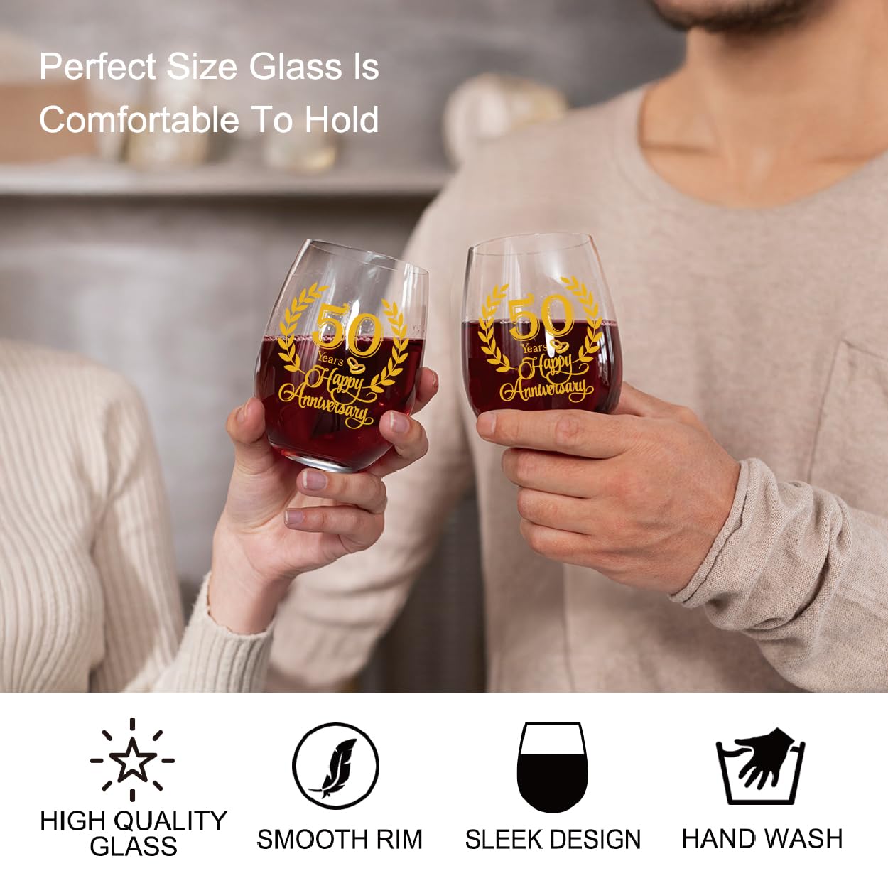 Perfectinsoy 50 Years Happy Anniversary Wine Glasses Set of 2 with Metallic Memorial Card, 50th Anniversary Birthday Gifts for Parents, Wife, Soulmate, Couple, Funny 50 Years Milestone Gift