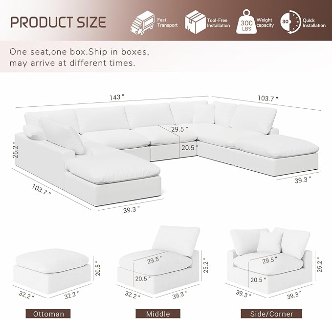 Intuition Decor 246.7" Oversized Cloud Modular Sectional Sofa,8 Seat Down Filled Sofa,Comfy Deep Seat Couch with Reversible Chaise & Cushions,Couch Cover Washable and Replaceable,White