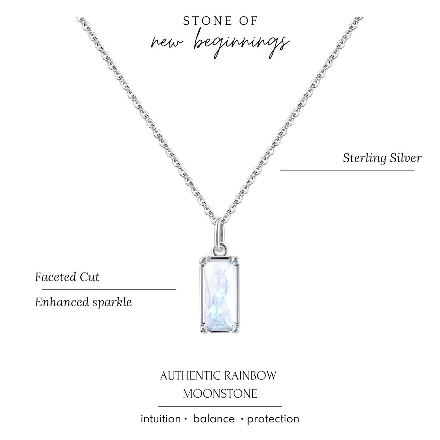 HOPE LOVE SHINE New Beginnings Rainbow Moonstone Sterling Silver Necklace for Women - Meaningful Jewelry Gifts for Her