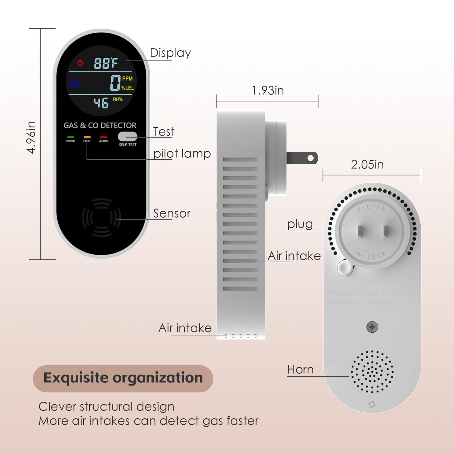 Natural Gas Detectors &Plug in Carbon Monoxide Detector， 4 in 1 Co and Gas Detector Temp Humidity Monitor，Propane, LPG, Gas Detector for Home，Kitchen,Hotels，RV.（1 Pack）