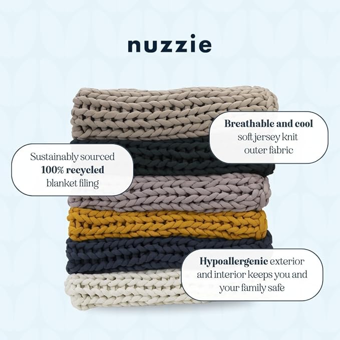 Nuzzie Chunky Knit Weighted Blanket - Breathable, Cooling, Hand Made Knit Throw Blanket for Sleep - Machine Washable, Stylish Design (Light Grey, Throw | 12lbs | 44"x60")