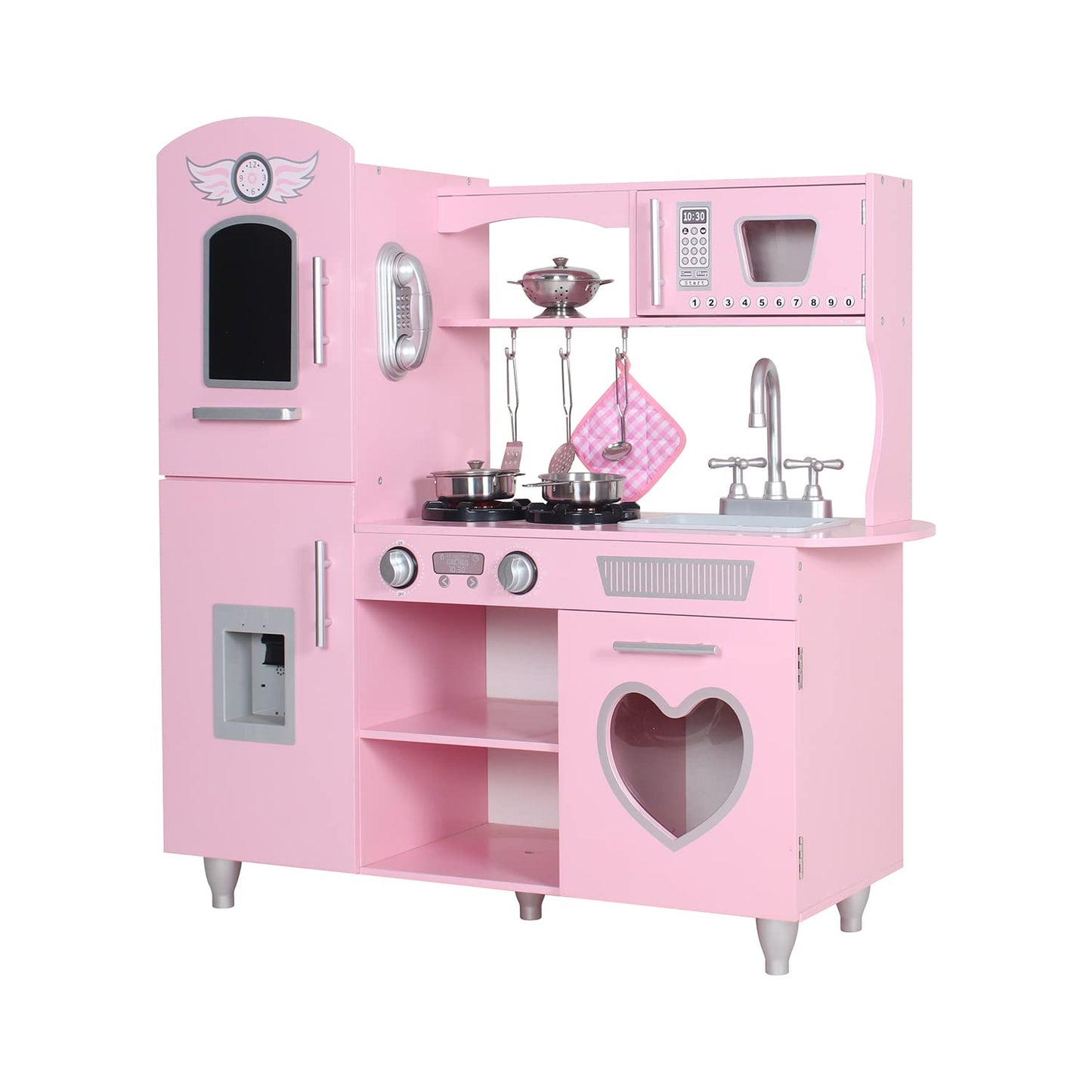 TaoHFE LED Upgrade Kitchen Set for Kids Wooden Play Kitchen LED Gas Tray with Sound Toy Kitchen Sets for Girls Gift Enjoy Cooking with Lights and Sounds Pink Kitchen for Toddlers Kids Kitchen Playset