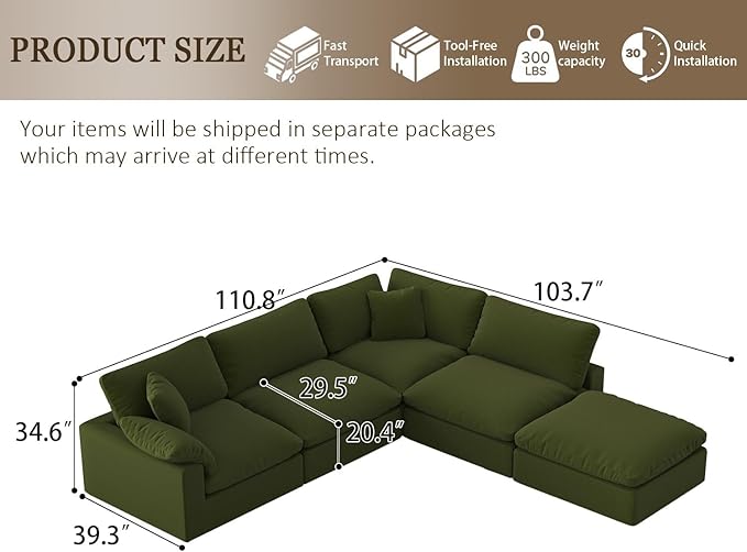 Forest aesthetics 143" Cloud Modular Sectional Sofa,Green Down Filled Sofa 4 Seat with Chaise,Minimalist Sofa Cover Washable and Replaceable Couches for Living Room,Sectional Sofa Deep Seat