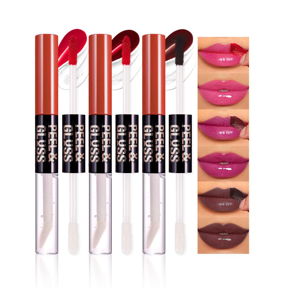 3Pcs Peel Off Lip Gloss Tattoo and Lip Oil, Lip Stain Peel Off Masque - Peel Off Lip Tint ,Long Lasting Waterproof Transfer-proo
