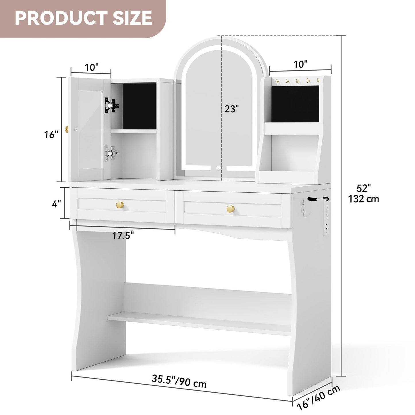 DWVO Makeup Vanity with Mirror and Lights, Makeup Vanity with Charging Station, Jewelry Storage Cabinet, Open Shelves