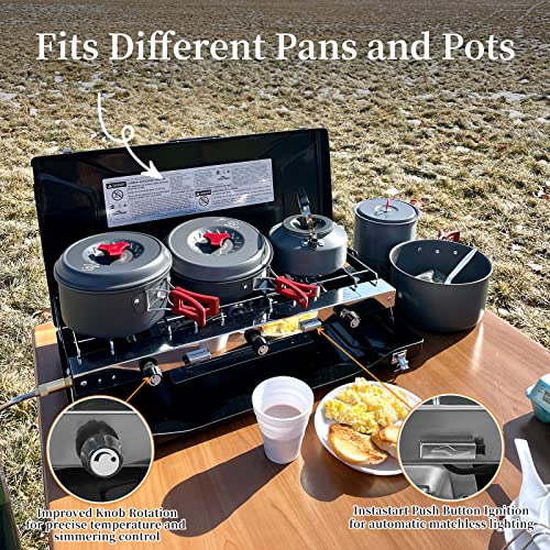 Camping Cookware Set, 304 Stainless Steel Campfire Cooking Pots Pan and Kettle with Camping Stove, 3 Burners Propane Porta...
