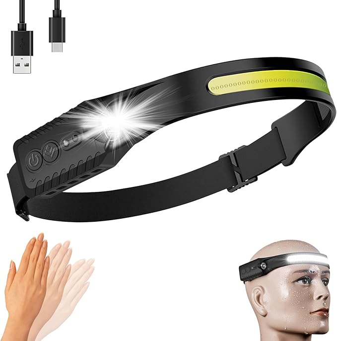 Rechargeable LED Headlamp,COB230° Wide Light Headlamps, 5 Modes of Lightweight Headlamp with Motion Sensors, Type-C USB Ch...