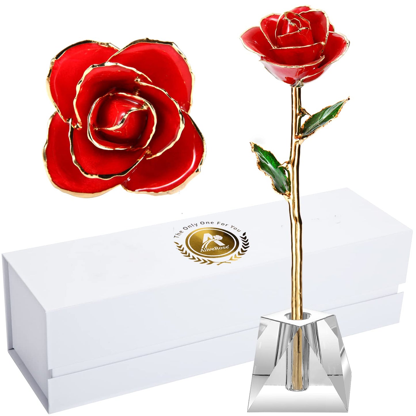 Valentines Day Gift Rose, Long Stem Rose Made from 24K Gold Dipped Real Rose Gift for her Rose(Red with Crystal Vase)