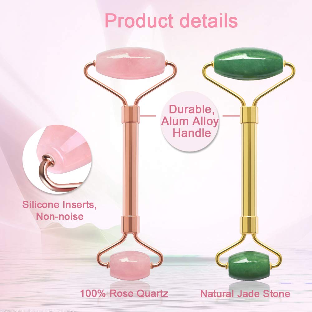 ZS ZESHIN 2 Pack Jade Facial Roller & Rose Quartz Face Roller for Wrinkles and Puffiness, Natural Jade Stone Face Massager Rolle