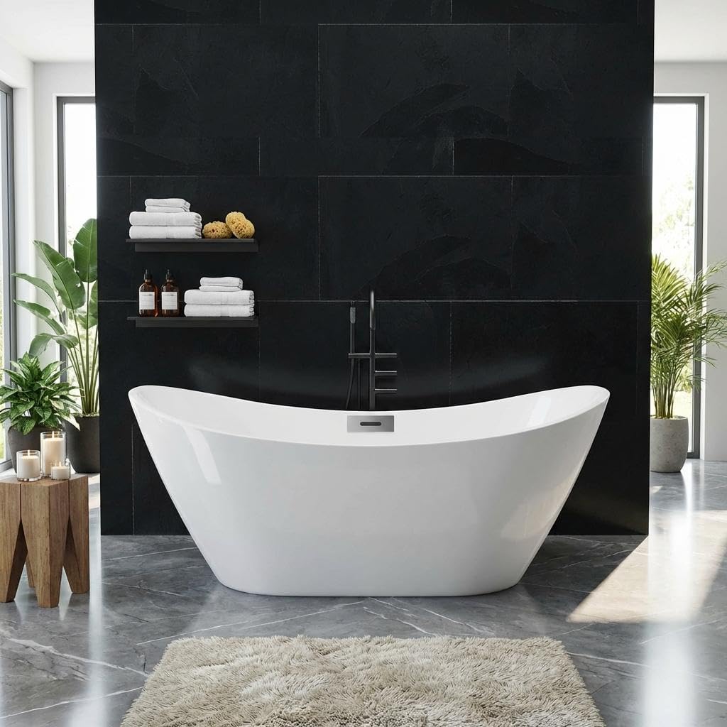 67'' Freestanding Bathtub, Acrylic, Deep Soaking Tub with Non-Slip Surface, Modern Free Standing Bath Tub, Chrome Drain, cUPC Certified, Easy Install, Space-Saving Bathtub for Bathrooms, White