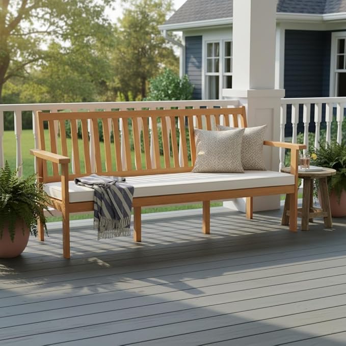 Tangkula Outdoor 3-Seat Acacia Wood Bench, 64 Inches Extra Long Chair with Cushion, Slatted Seat & Backrest, 3-Person Patio Wood Bench for Backyard, Porch, Balcony & Garden