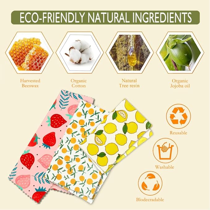Beeswax Reusable Food Wraps for Bread & Sandwiches – Organic Cotton, Beeswax & Pine Resin Reusable Food Wrap with Multi-function brush– Eco-Friendly Kitchen Storage