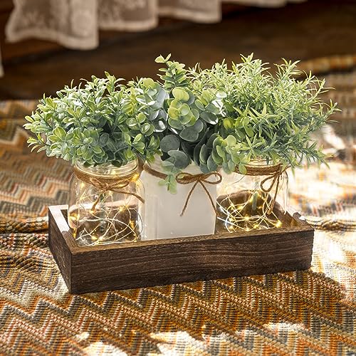 Mkono Mason Jar Lights Table Centerpiece for Dining Room Fake Eucalyptus Plants Christmas Table Decor for Kitchen Coffee T...