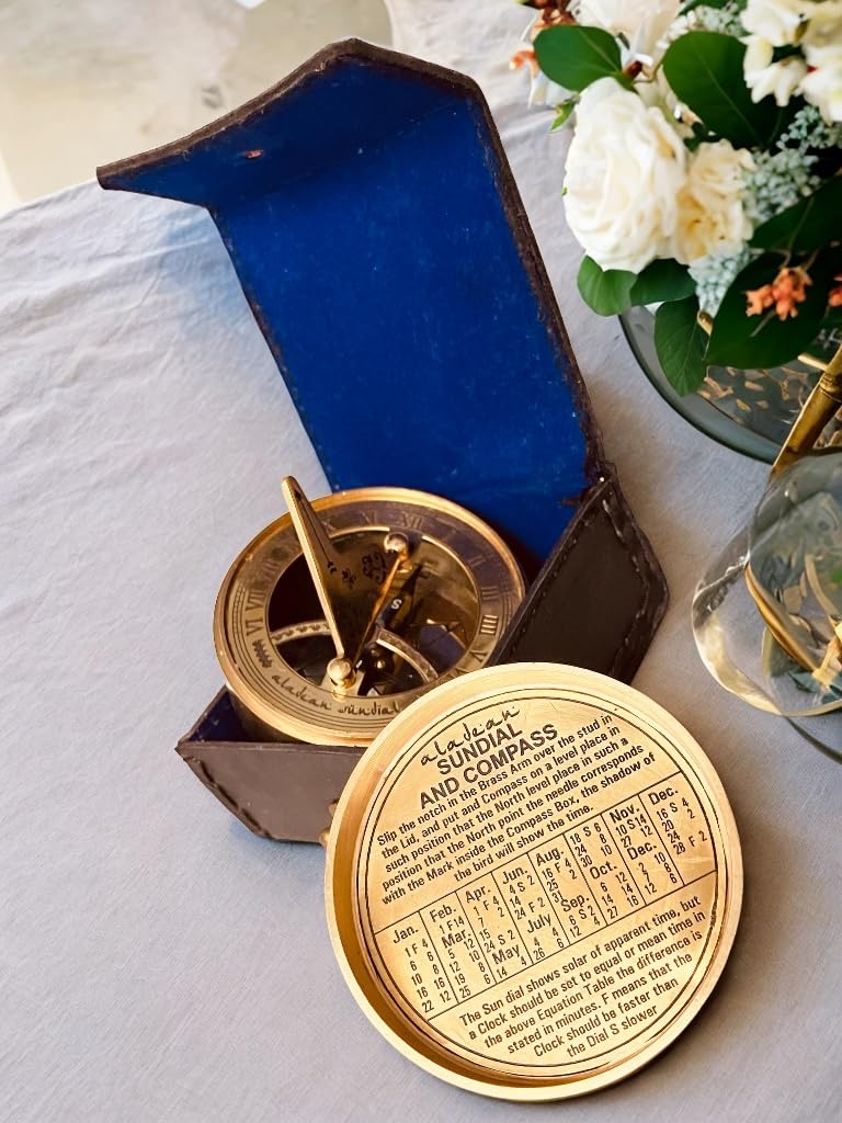 Anniversary Sundial Gift for Him or Her Sundial Clock Compass - Unique Gift for Husband or Wife, Men 1st Wedding Anniversary 50th 40th 25th 20th Year Celebration (Anniversary Sundial Leather Case)