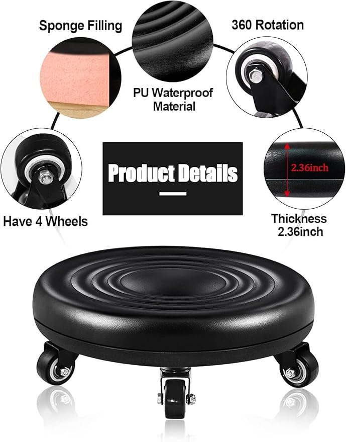 Lanstics Low Roller Seat Short Stools with Wheel Chair PU Leather Rolling Stool Seats Universal Wheels for Home Office Fitness Round Roller Seat Stool (Black)