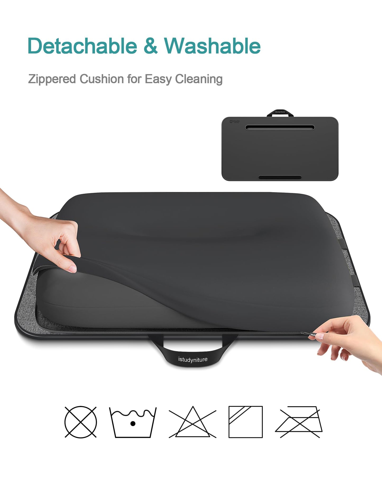 Lap Desk, Portable Laptop Stand with Washable Cushion, Fits up to 17 inch Laptop, with Device Ledge and Phone Holder, Use on Bed,Couch, Sofa, Floor, Home Office– ISTUDYNITURE (Large, Black)