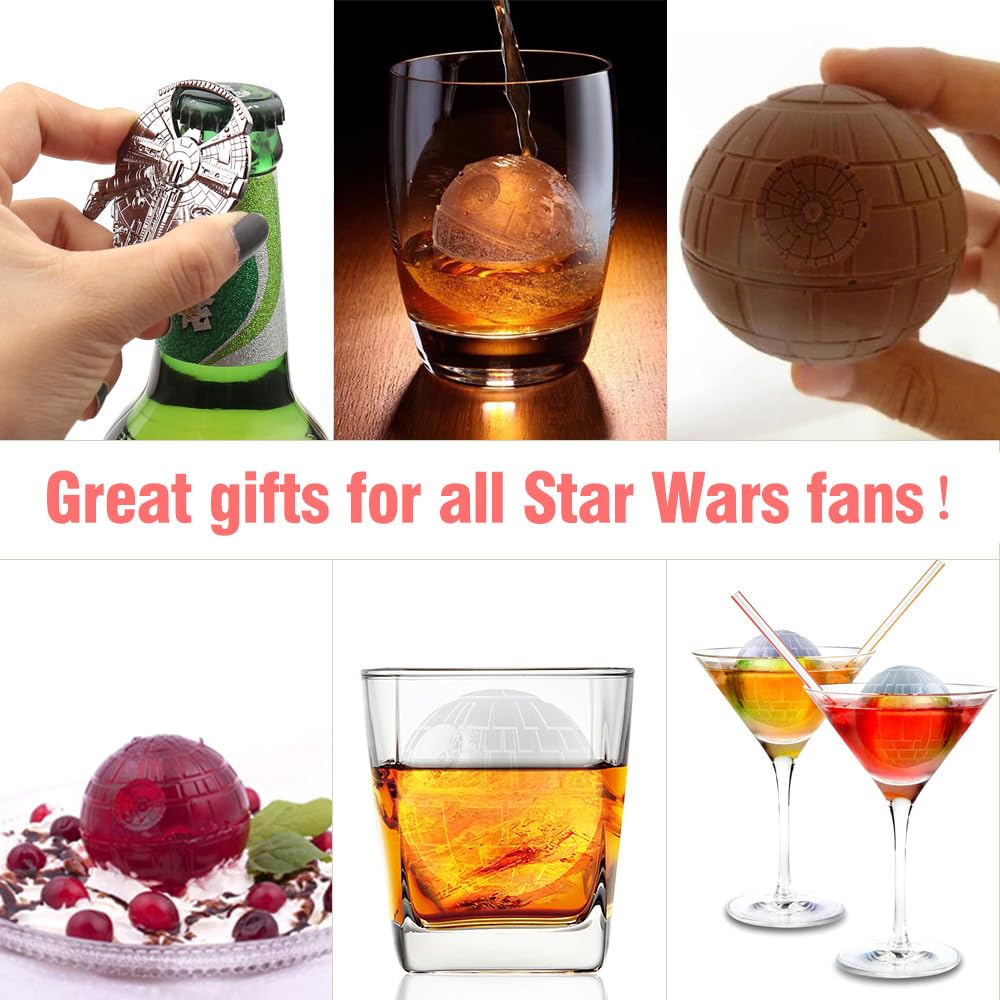 NICITY 2 Packs Death Star Ice Cube Mold with Millennium Falcon Bottle Opener，3D Star War Ice Cube Mold for Whiskey, Bourbon, Cocktails.Funny Star Wars Gifts for Men Women Him Dad