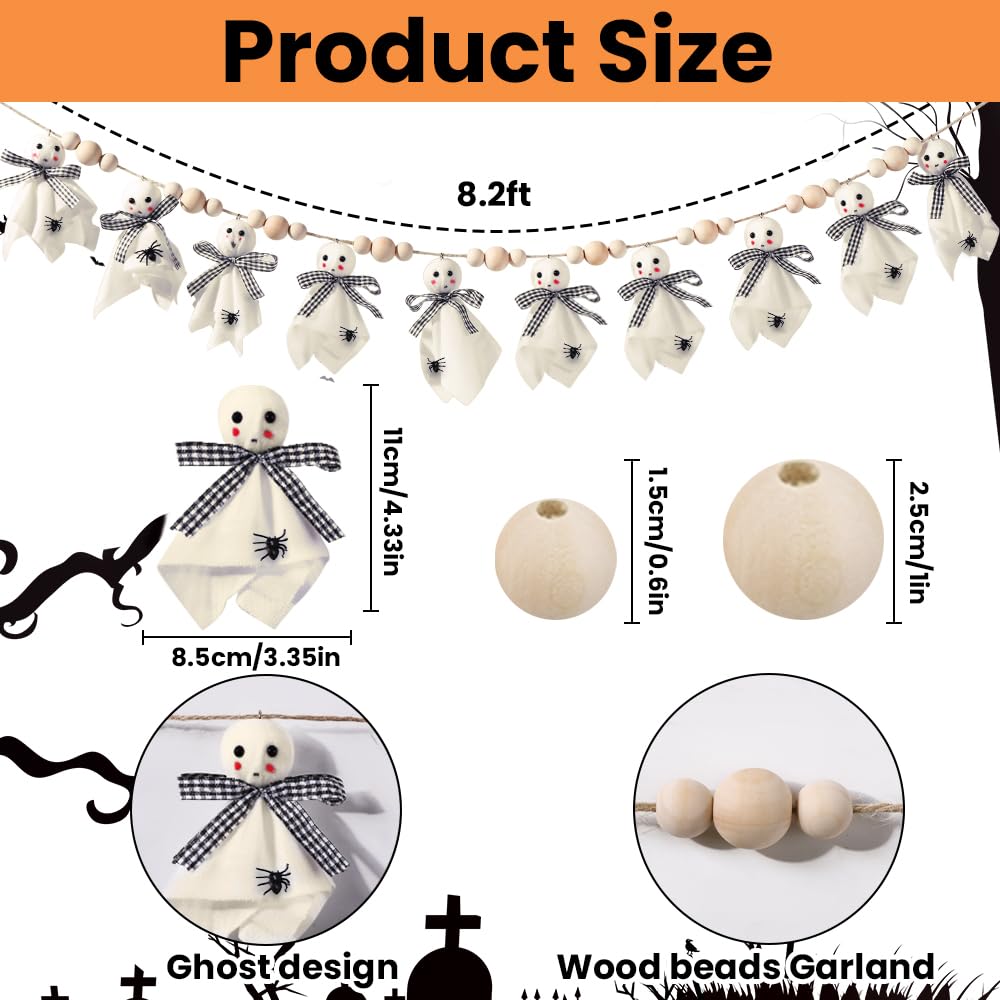 Vellibring 8.2Ft Halloween Ghost Garlands Decorations,Cute Fabric Ghost Banner with Wooden Beads Halloween Rustic Hanging Ghost Garlands for Room Indoor Party Wall Fireplace Doorway Decor