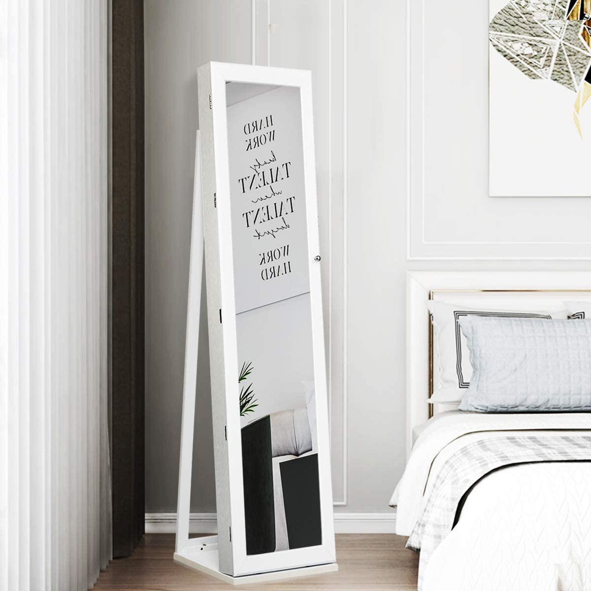 OFFICEJOY Standing Jewelry Armoire w/Full Length Mirror & Inside Mirror, Lockable Jewelry Cabinet Organizer w/Stable Base, Mirrored Jewelry Cabinet Organizer for Necklace, Ring, Earring Cosmetic