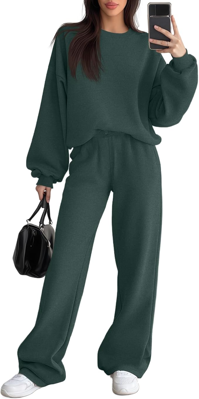 Sweetyweee Women's 2 Piece Outfits Set Fleece Lined Lounge Sweatsuit Crewneck Pullover Top Wide Leg Pants Casual Tracksuit