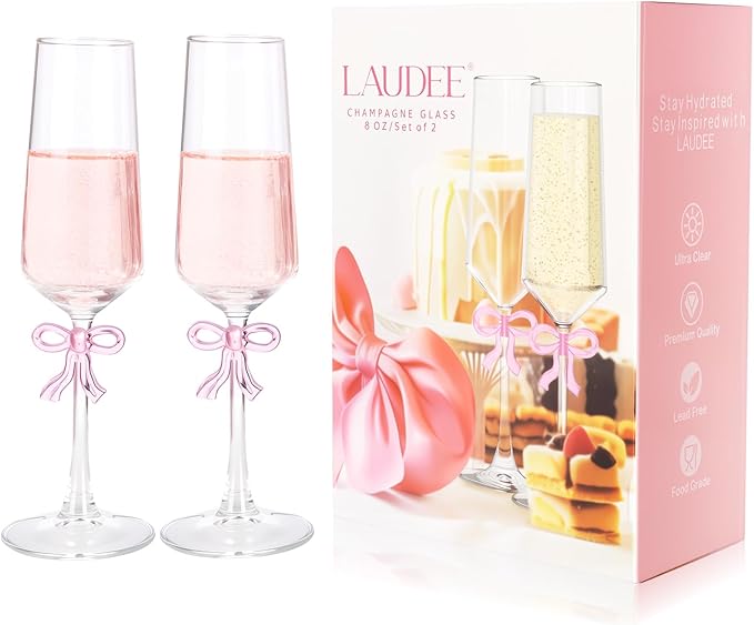 LAUDEE Champagne Glasses Set of 2, 8oz Elegant Crystal Stemmed Champagne Flutes with Pink Bow for Prosecco, Sparkling Win...