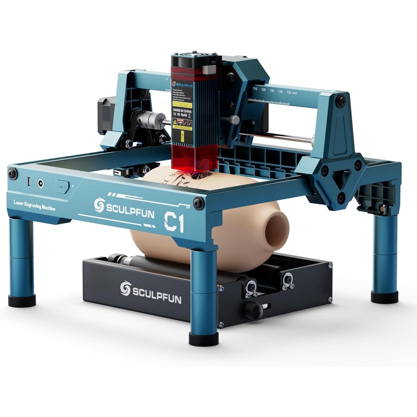 SCULPFUN C1 Mini Laser Engraver with SCULPFUN RA Mini Rotary Roller, 3W Portable Engraving Machine, 0.04mm Ultra-Fine Spot, 150x130mm Engraving Area, Works on Wood, Leather, Paper, Slate
