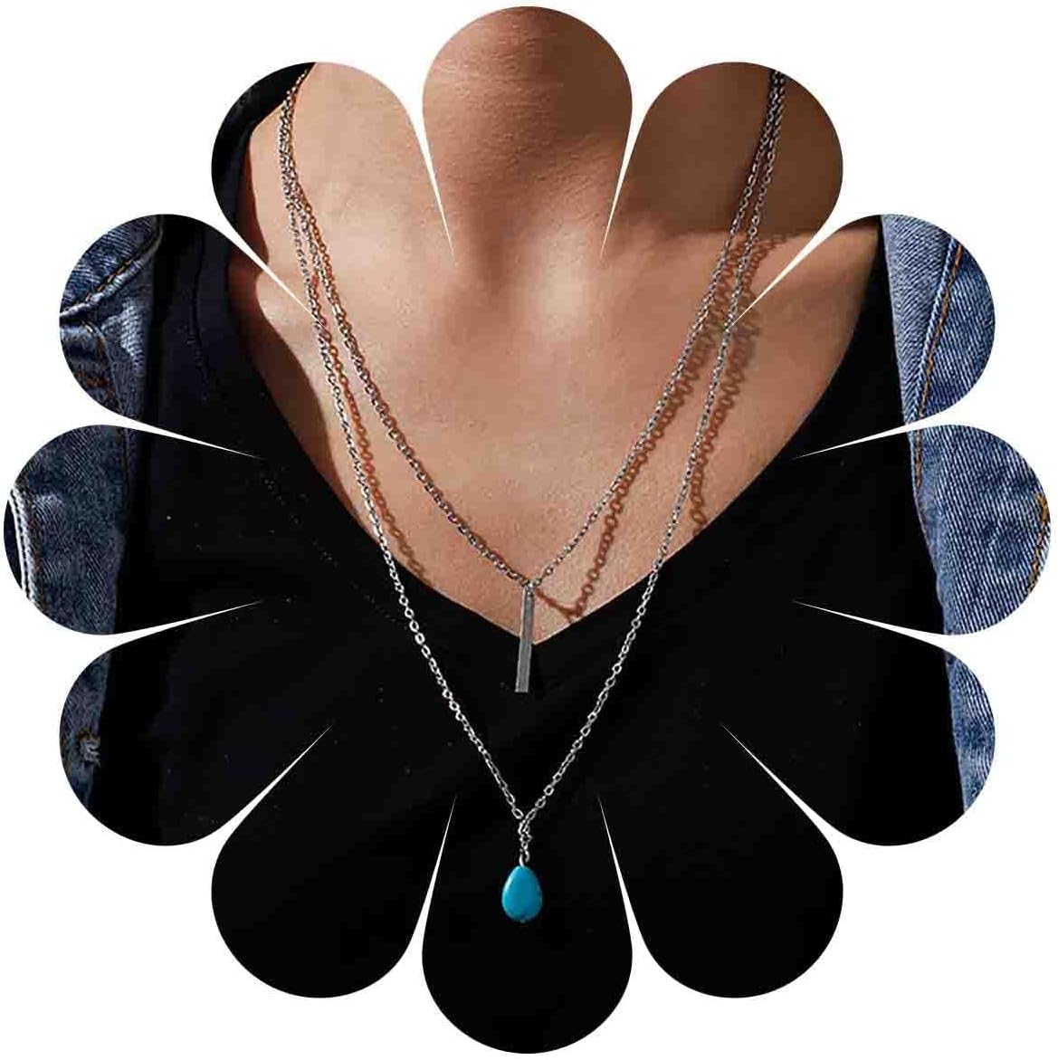 Boho Teardrop Turquoise Neckalce Layered Turquoise Pendant Neckalce Gold Bar Pendant Necklace Vintage Layering Turquoise Water drop Necklace Jewelry for Women and Girls