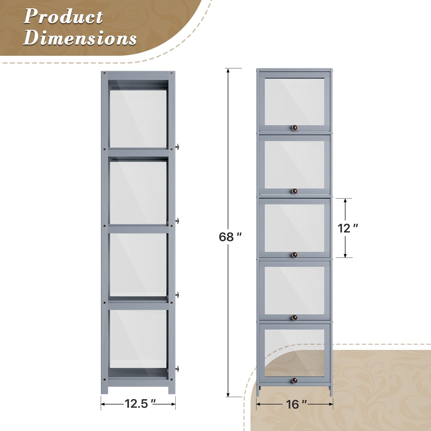 Athena Collection Curio Display Cabinet, 5-Tier Acrylic Display Shelf 68” Tall Display Case for Trophy Figures Curio Collectibles Display Shelves for Living Room Bedroom, Grey