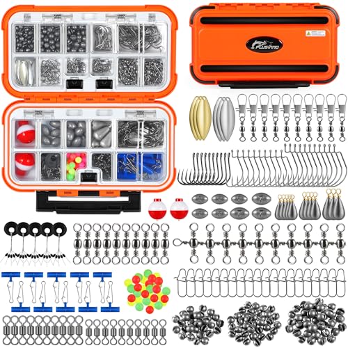 PLUSINNO 253/387pcs Fishing Gear Accessories Kit, Fishing Tackle Box with Tackle Included, Fishing Hooks, Fishing Weights ...