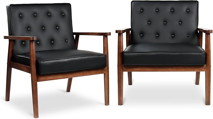 STHOUYN Mid Century Modern Chair, PU Leather Accent Chair Set of 2 with Wood Arms, Living Room Chairs, Reading Armchair for Bedroom, Waiting Room, Office (2, Black 1)