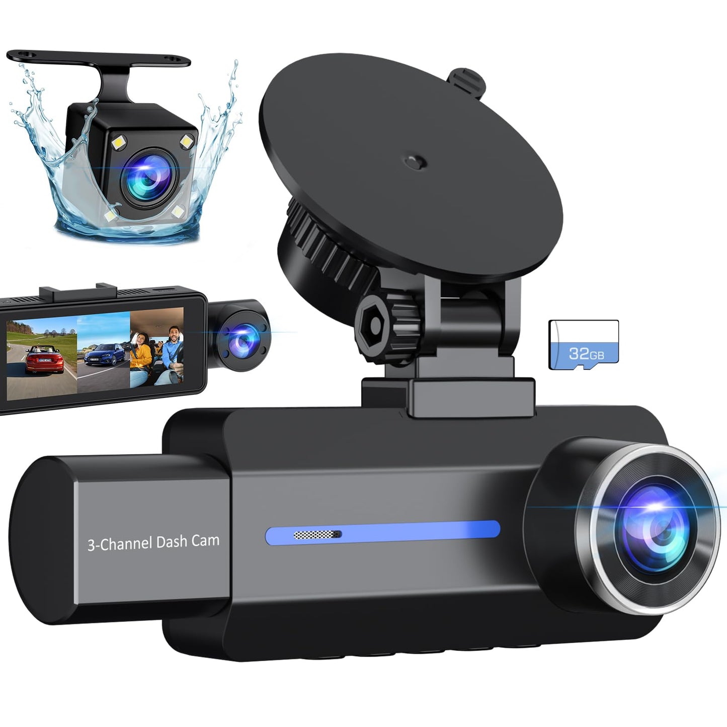 Baeasu Dash Cam Front And Rear 2.5K/1440P, 3 Channel Dash Camera For Cars Dash Cam Front Rear And Inside With 32Gb Card, 3.16  I