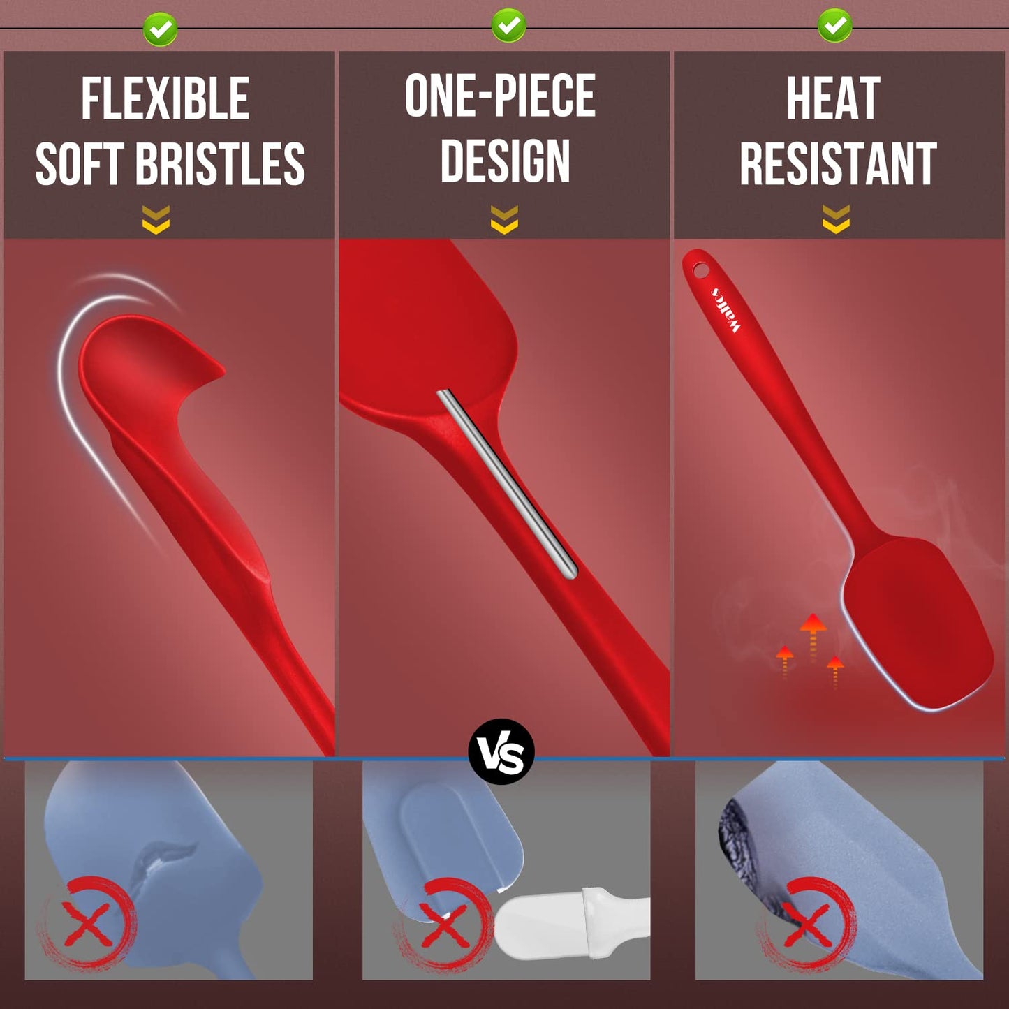 Walfos Silicone Spatula Set of 5-600°F Heat Resistant Kitchen Scraper Spatulas, Strong Steel Core and One-Pieces Seamless Design, Great for Cooking Mixing & Baking - BPA Free & Dishwasher Safe (Red)