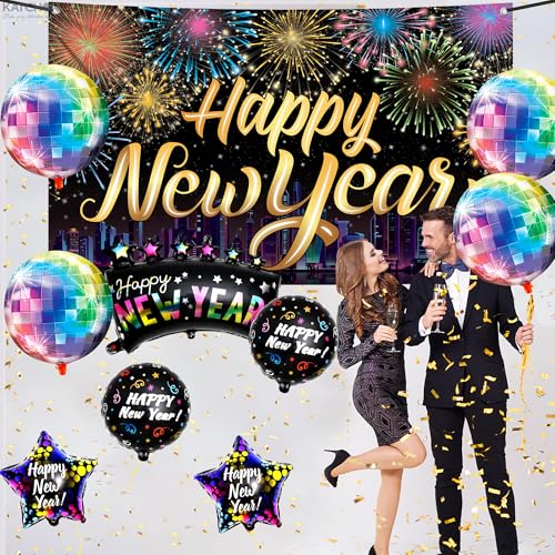 KatchOn, Neon New Years Decorations 2026 Set - Huge, Pack of 10 | Rainbow Happy New Year Banner, New Years Balloons, Disco...