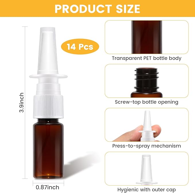 14-Pack 3.4oz Empty Nasal Spray Bottles, 0.125mL per Spray, Leak-Proof Travel-Sized Refillable Plastic Spray Bottle with Protective Cap for Saline Solution & Essential Oils (Brown)