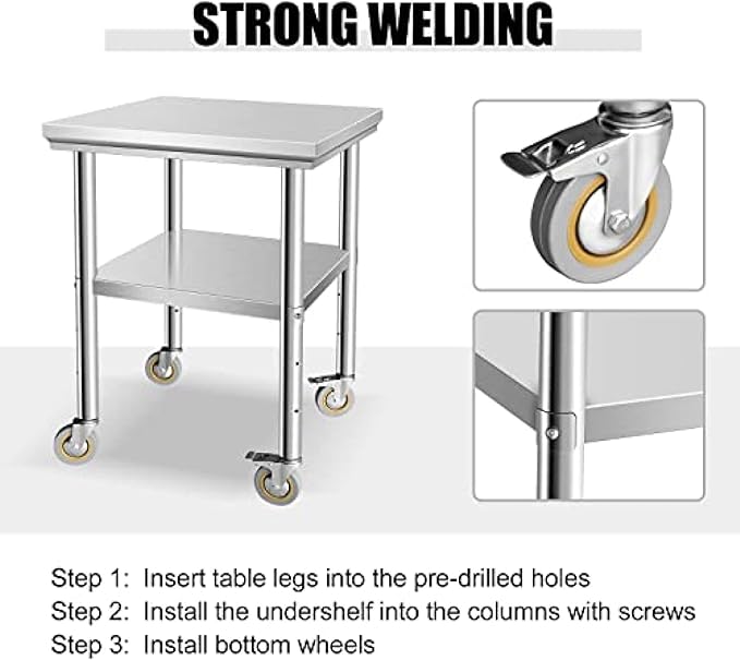 Stainless Steel Table - Metal Table Cart - Commercial Workbench with Caster Wheel - NSF Certified - for Restaurant, Warehouse, Home, Kitchen, Garage,24''x24''