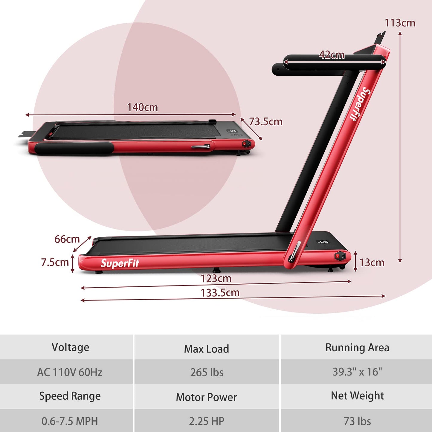 Goplus 2 in 1 Under Desk Treadmill, 2.5HP Superfit Folding Treadmills for Home Office w/Smart APP, Remote Control, LED Display, Bluetooth Speaker, Foldable Walking Jogging Machine (Red)
